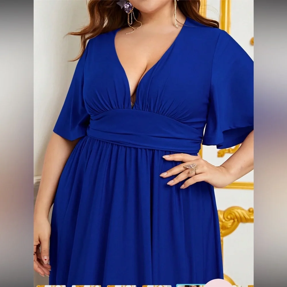 Royal Blue Satin Maxi Gown with Plunge Neckline and Dolman Sleeves - Picture 7 of 16